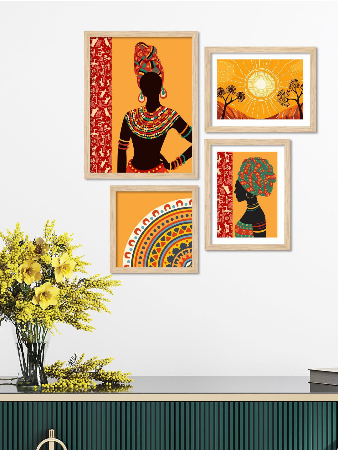 

ArtVibes Orange Coloured & Black 4 Pieces Ethnic African Wooden Painting Wall Arts