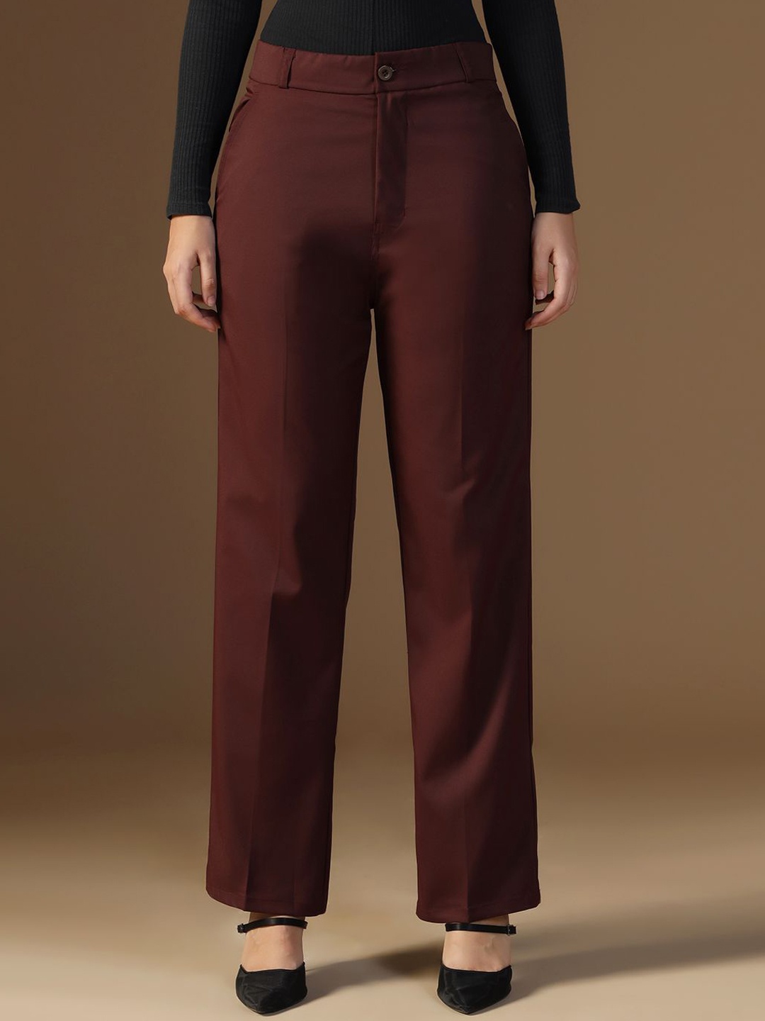 

TAHVO Women Solid Relaxed Formal Trousers, Maroon