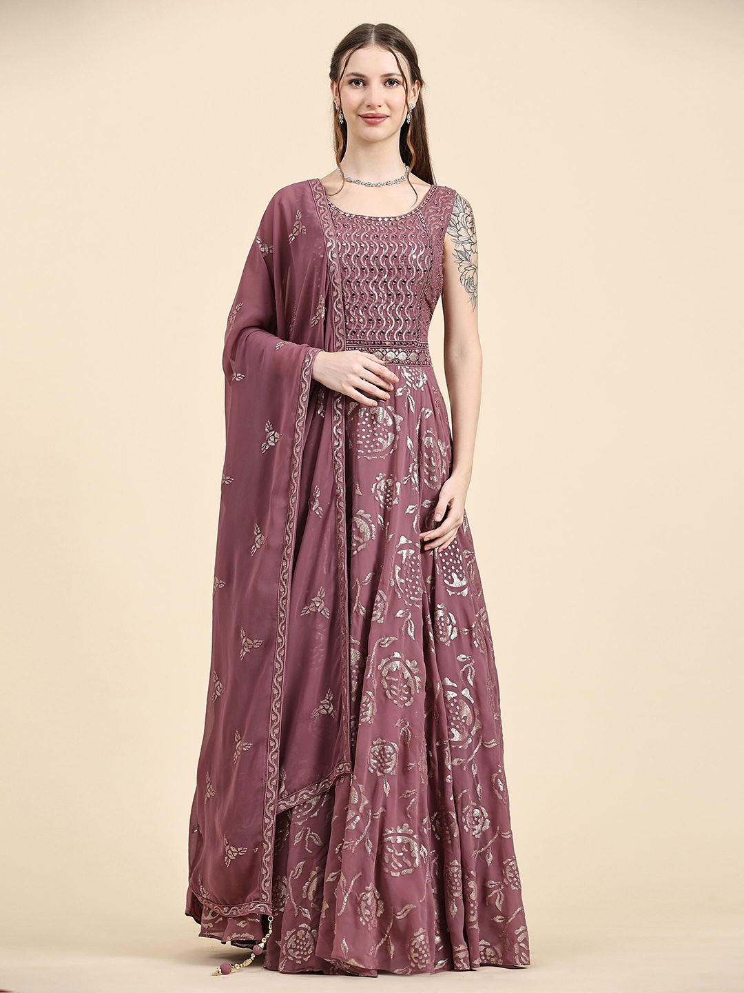 

VANAKARA Women Embroidered Maxi Ethnic Dresses With Dupatta, Mauve