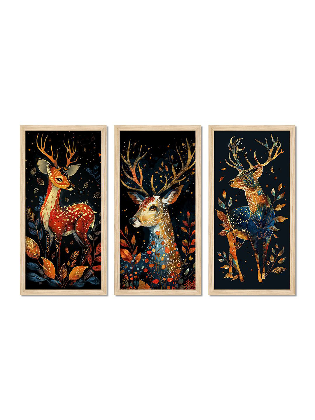 

ArtVibes Black & Beige 3 Pieces Deer with Floral Wooden Painting Wall Arts