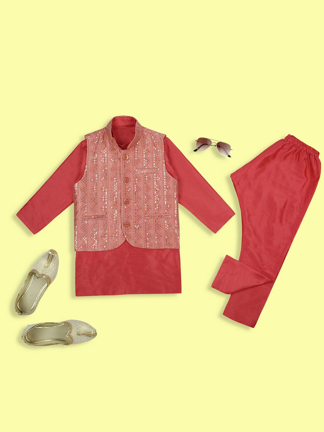 

YK Boys Mandarin Collar Straight Kurta with Churidar & Sequinned Nehru Jacket, Red