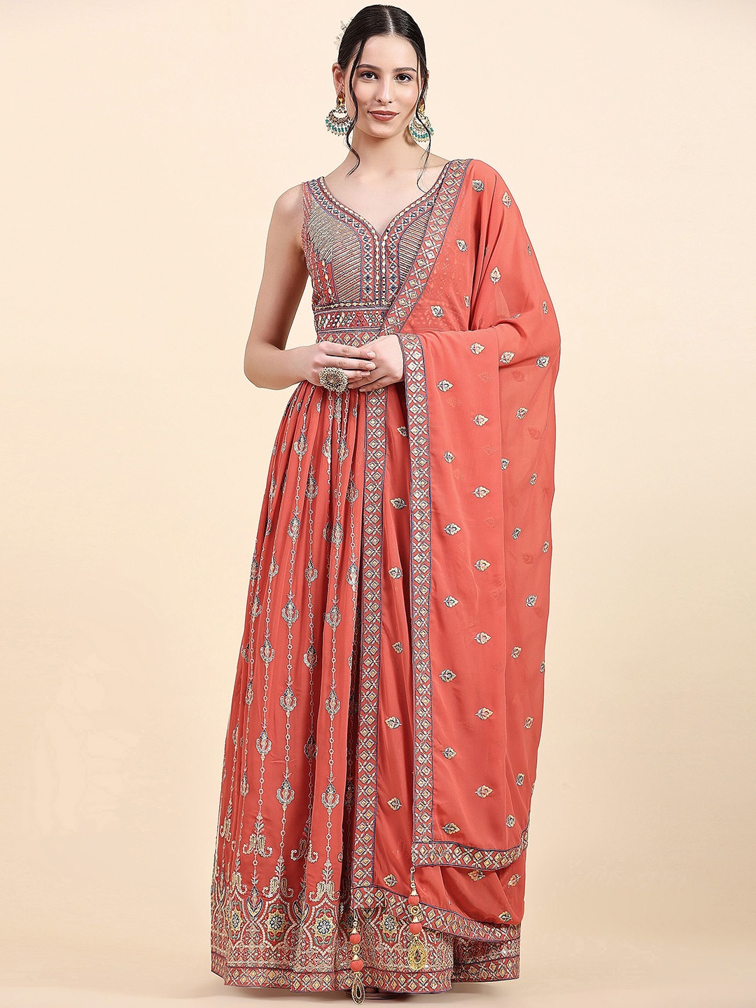 

VANAKARA Women Embroidered Gown Ethnic Dresses With Dupatta, Orange