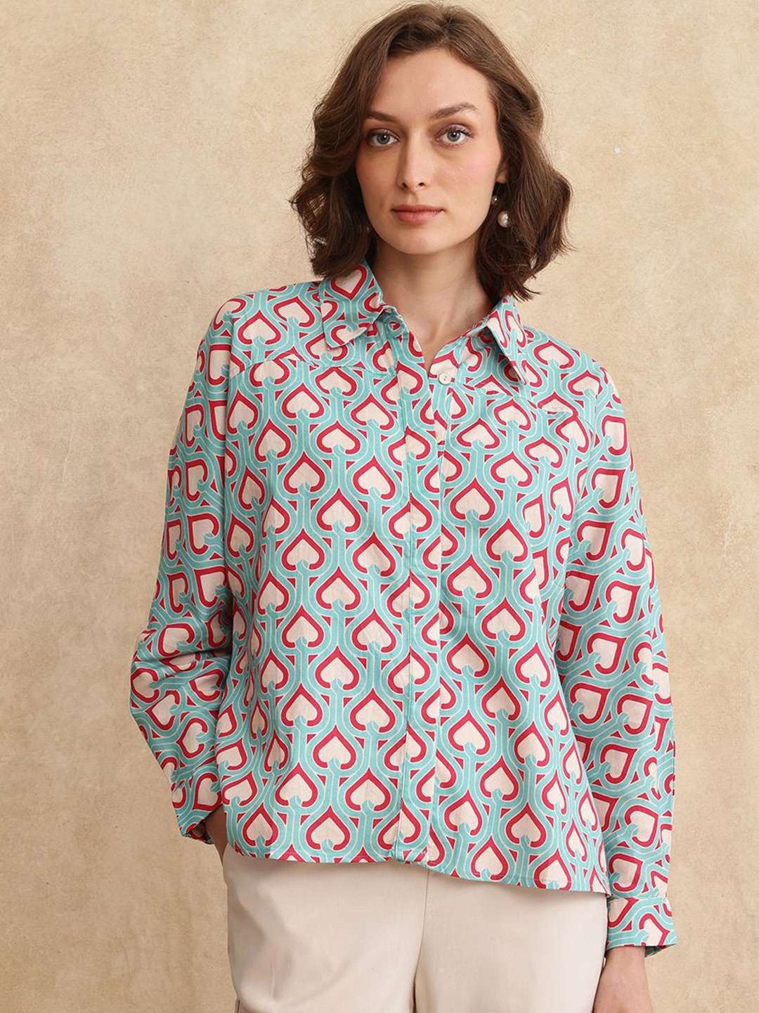 

RAREISM Women Geometric Print Cotton Shirt Style Top, Blue