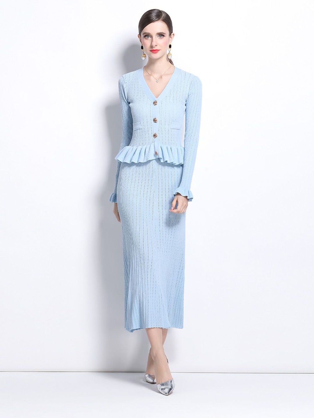 

JC Collection V-Neck Long Sleeves Striped Peplum Maxi Dress With Ruffles details, Blue