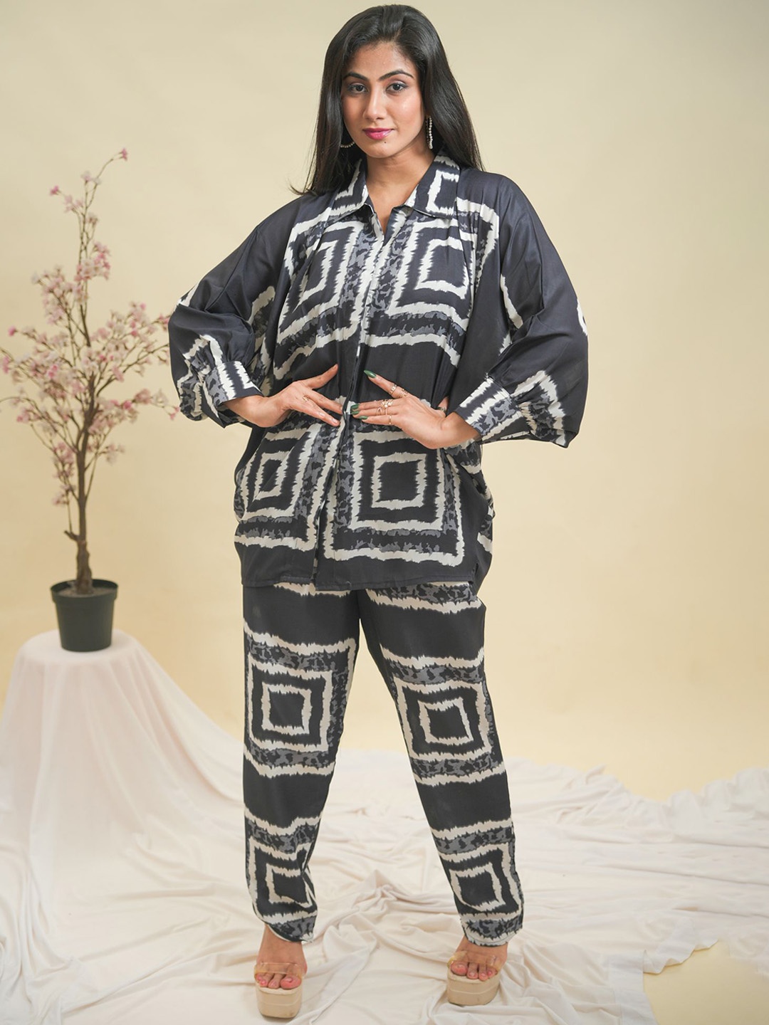 

GO BOUJEE Printed Pure Cotton Top & Trouser with Shirt Co-Ord Set, Black