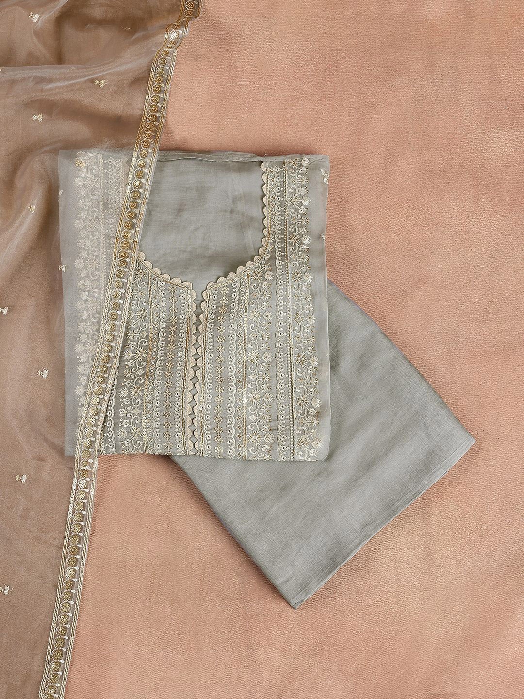 

Libas Floral Embroidered Zari Organza Unstitched Dress Material, Grey
