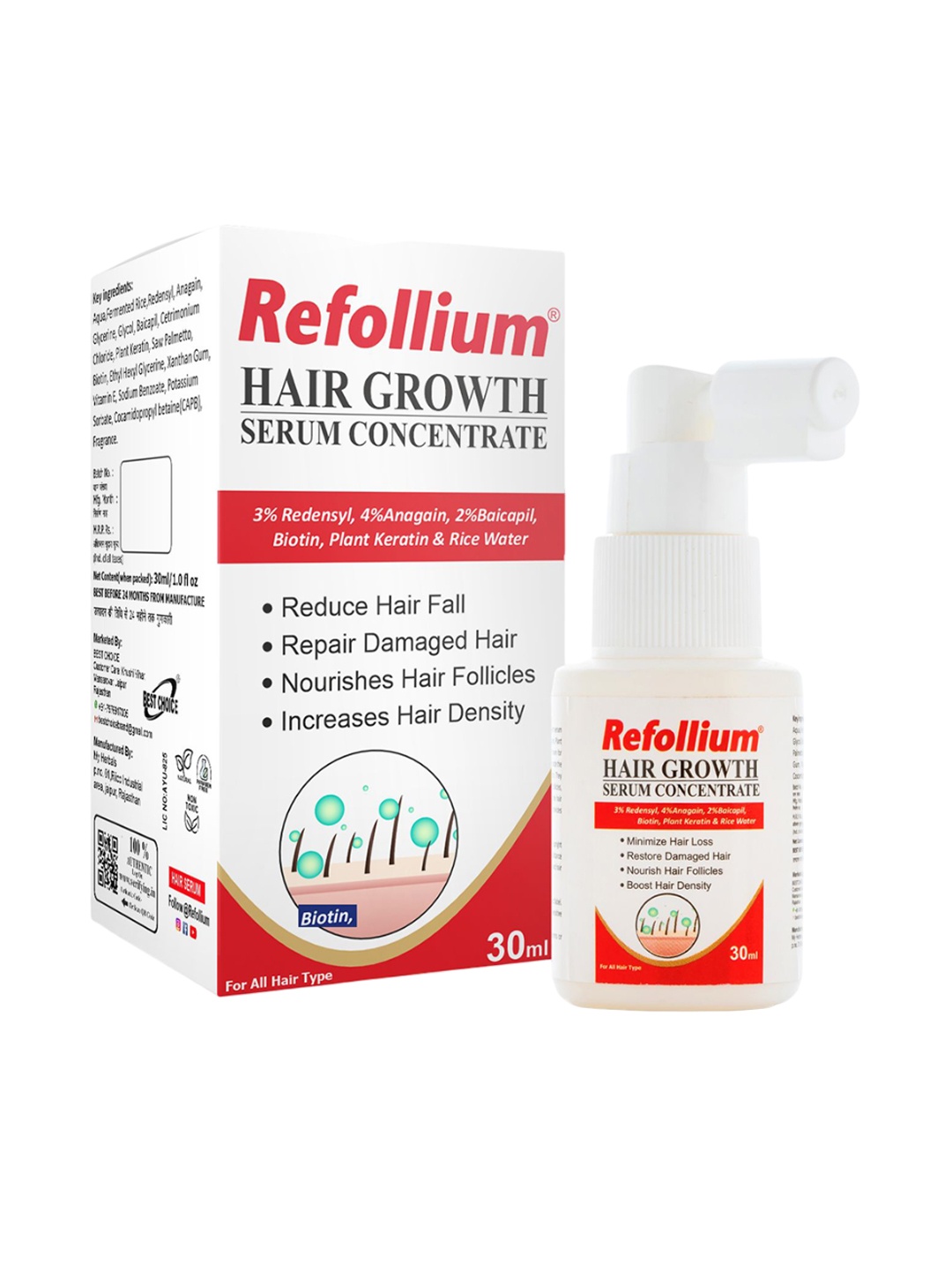 

refollium Hairfall Control Hair Growth Serum with Redensyl Anagain Baicapil & Biotin-30ml, White