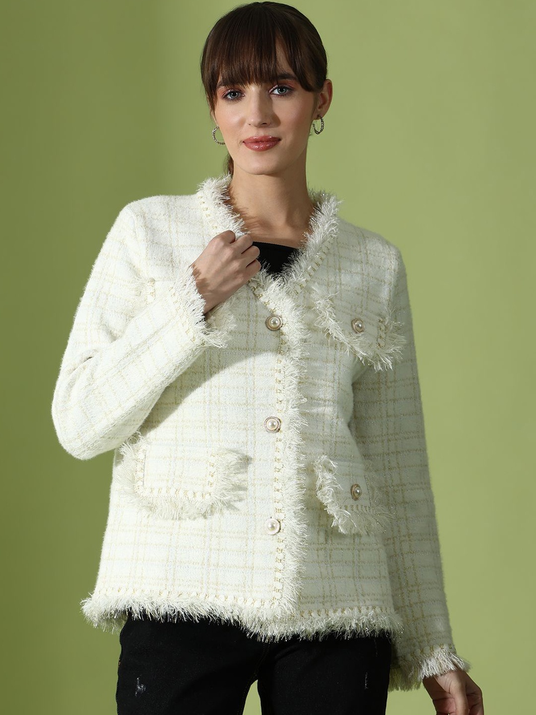 

Ziva Fashion Checked Single Breasted Woolen Overcoat, Off white