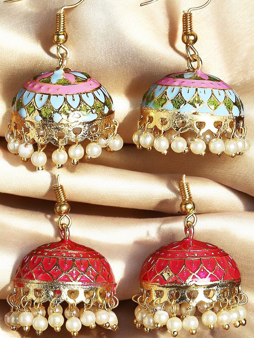 

Anouk Gold Toned Set Of 2 Stone Studded & Beaded Dome Shaped Meenakari Jhumkas