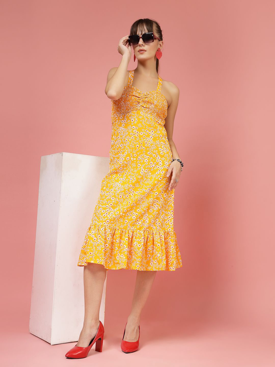 

Oomph! Women Floral Printed Crepe A-Line Midi Dress, Yellow