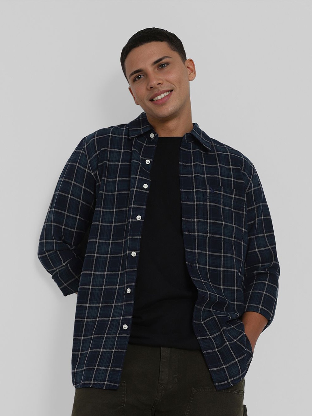 

AMERICAN EAGLE OUTFITTERS Men Slim Fit Checked Casual Shirt, Navy blue