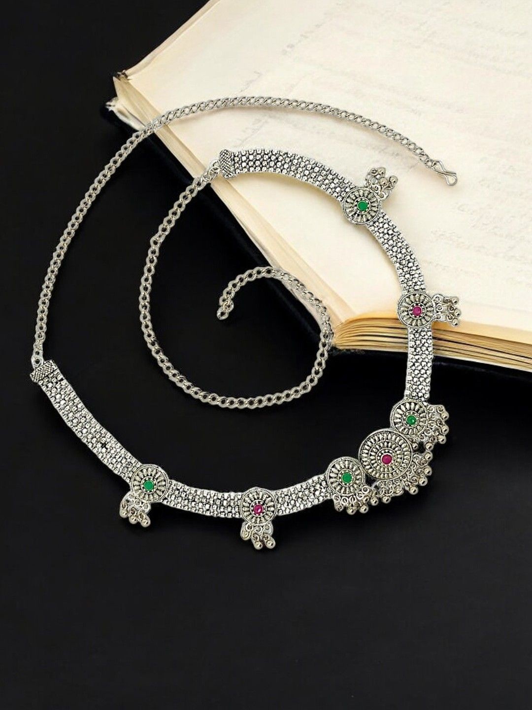 

FEMMIBELLA Artificial Stones Studded Oxidized Waist Chain, Silver