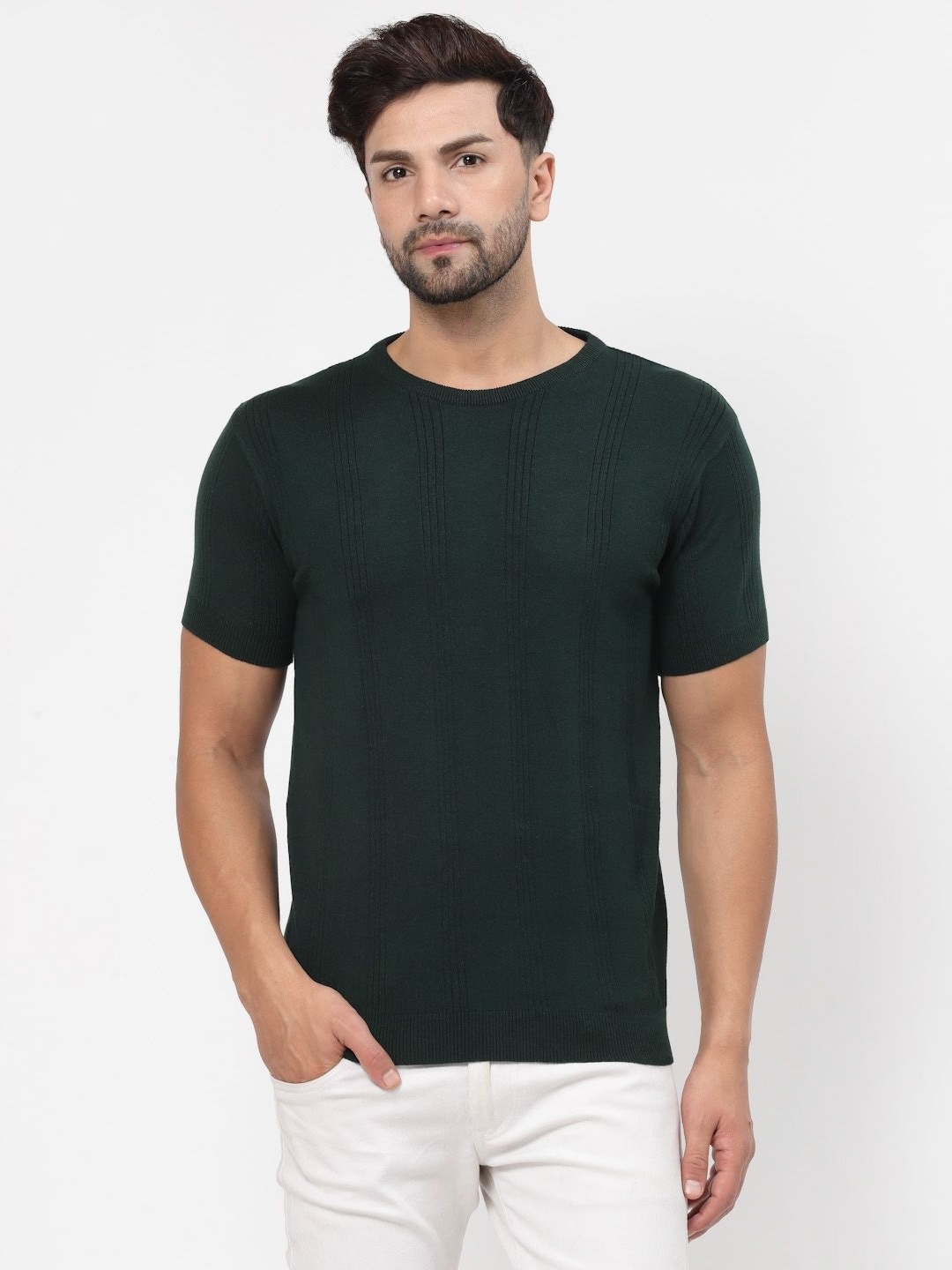 

Kalt Men Striped Round Neck Knitted Cotton T-shirt, Green