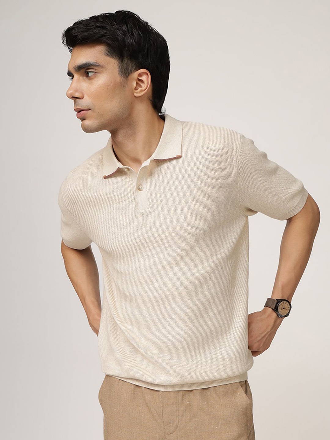 

Andamen Men Solid Pure Cotton Casual Polo T-shirt, Off white