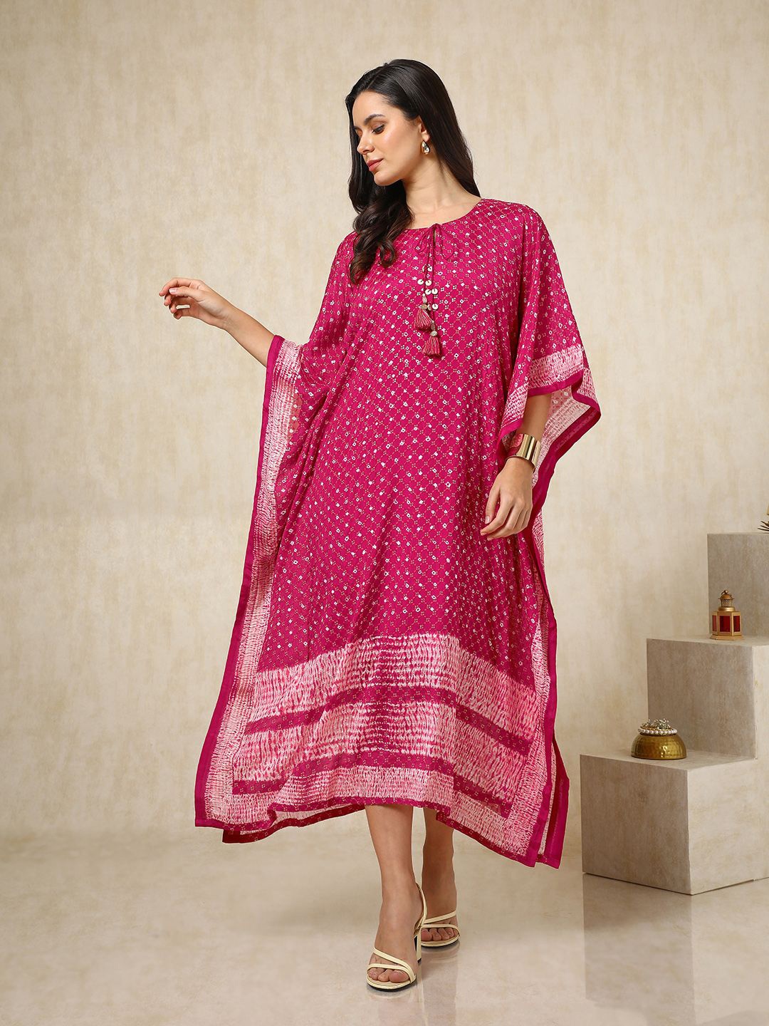 

Soch Bandhani Printed Sequined Round Neck Kaftan Dress, Fuchsia