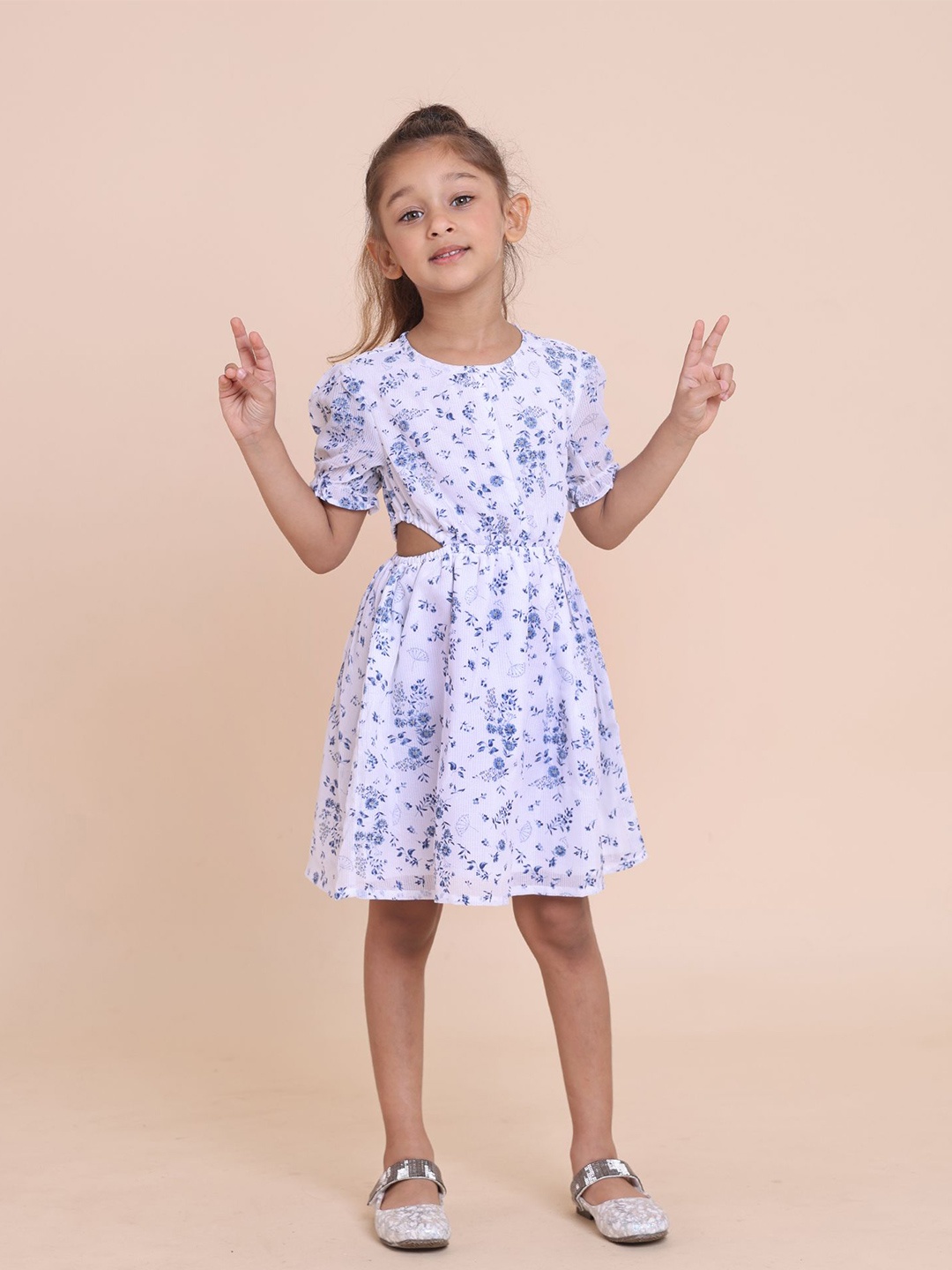 

House of Spades Girls Floral Printed Fit and Flare Dress, White