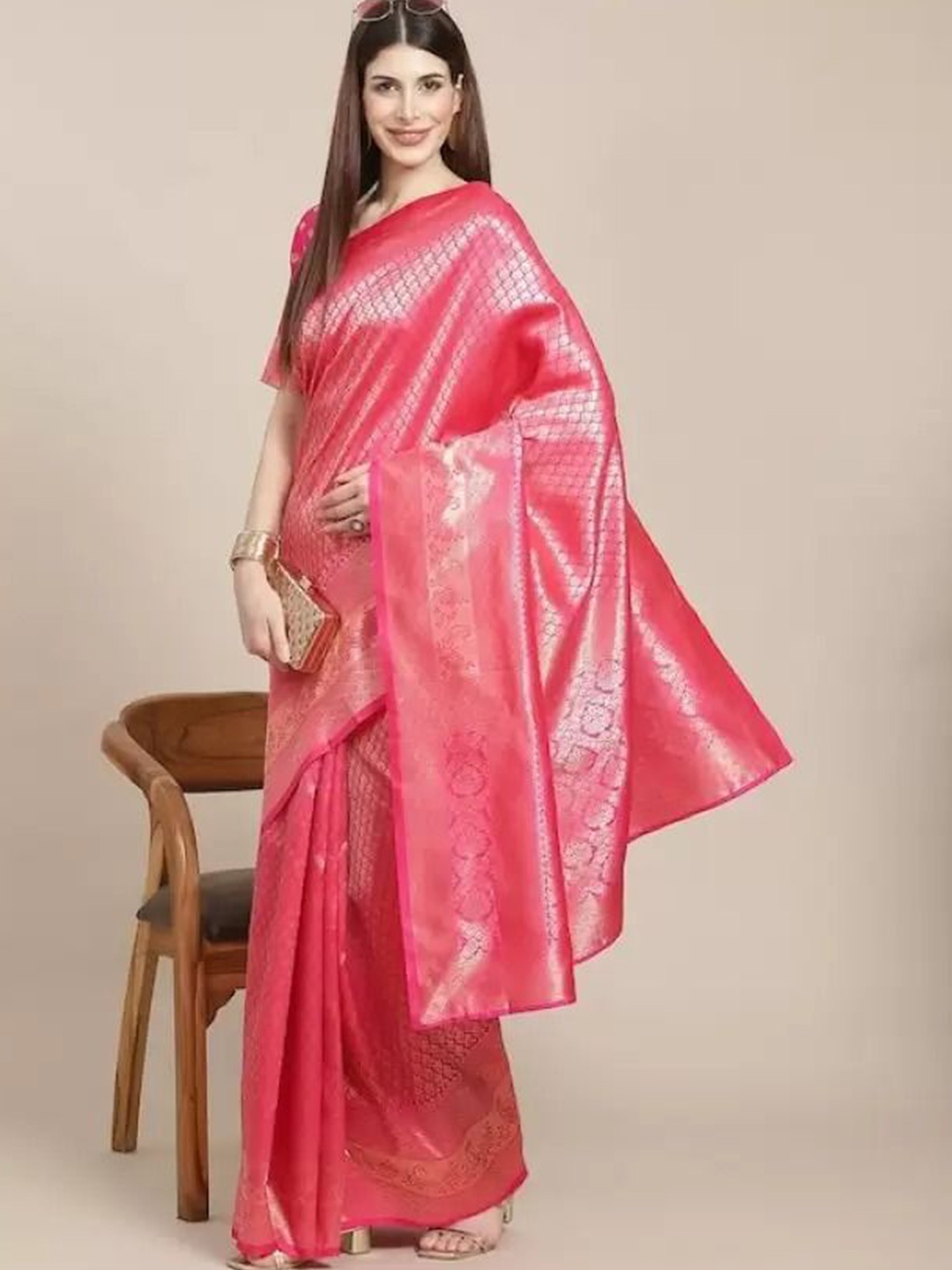 

Florence Woven Design Zari Pure Silk Kanjeevaram Saree, Pink