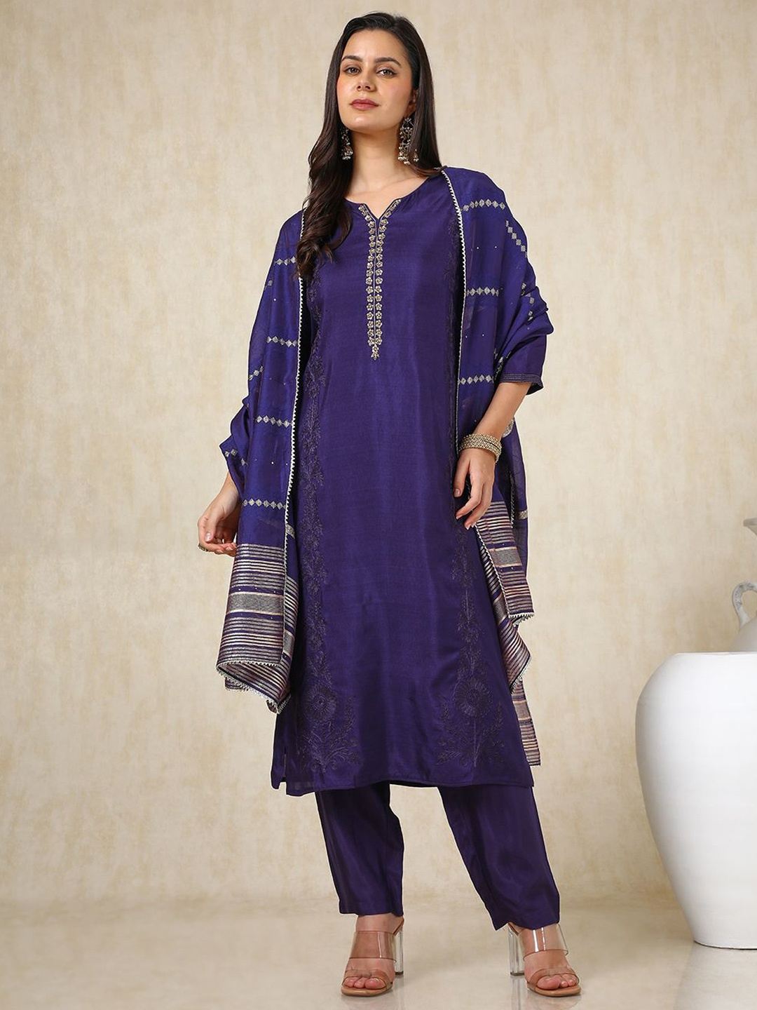 

Soch Floral Embroidered Sequinned Straight Kurta with Trousers & Dupatta, Purple