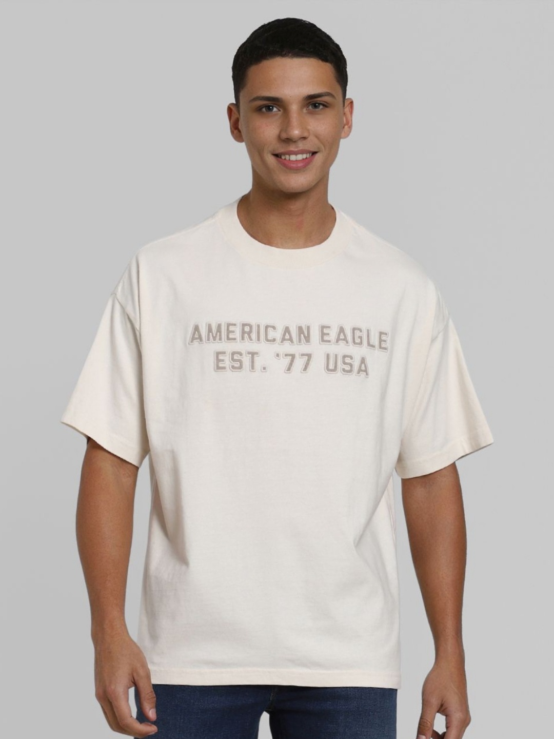 

AMERICAN EAGLE OUTFITTERS Men Printed Drop-Shoulder Sleeves T-shirt, Beige