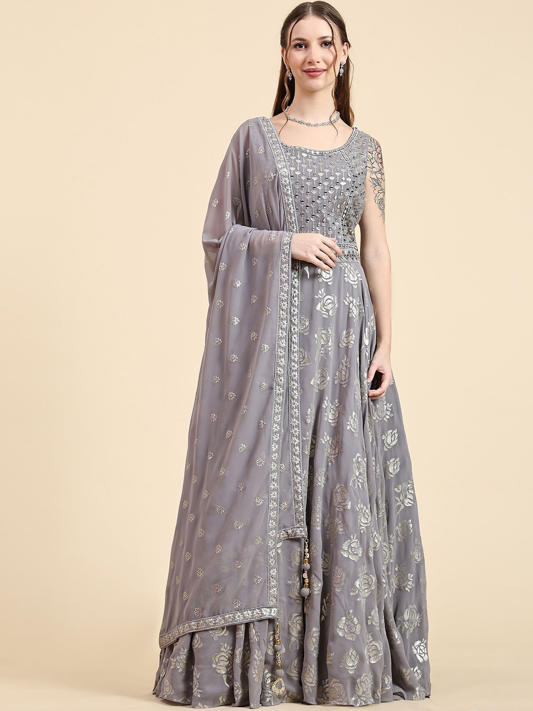 

VANAKARA Embroidered Georgette Maxi Ethnic Dress With Dupatta, Grey