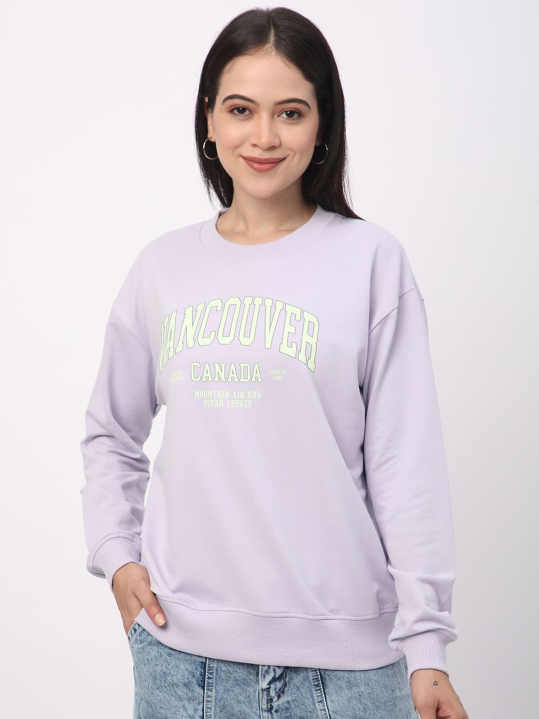 

R&B Women Typography Printed Cotton Sweatshirt, Lavender