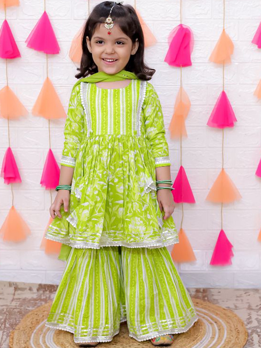 

AATYA KIIDS Girls Floral Printed Pure Cotton Anarkali Kurta With Sharara & Dupatta, Green