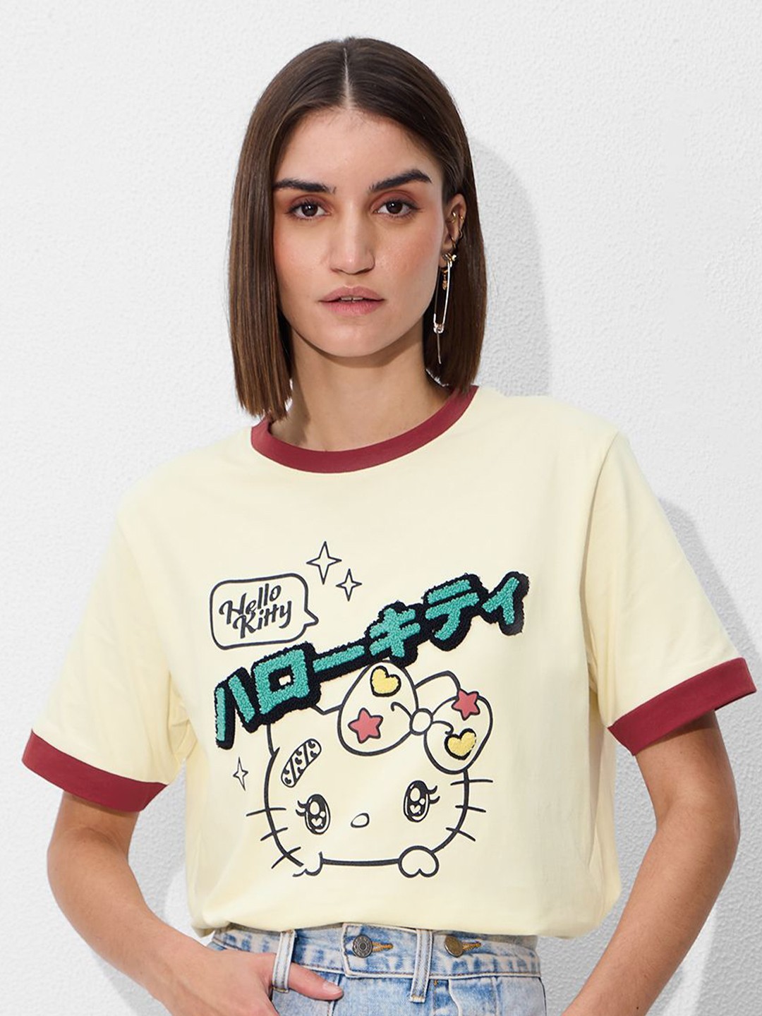 

The Souled Store Women Pure Cotton Hello Kitty Printed T-shirt, Off white