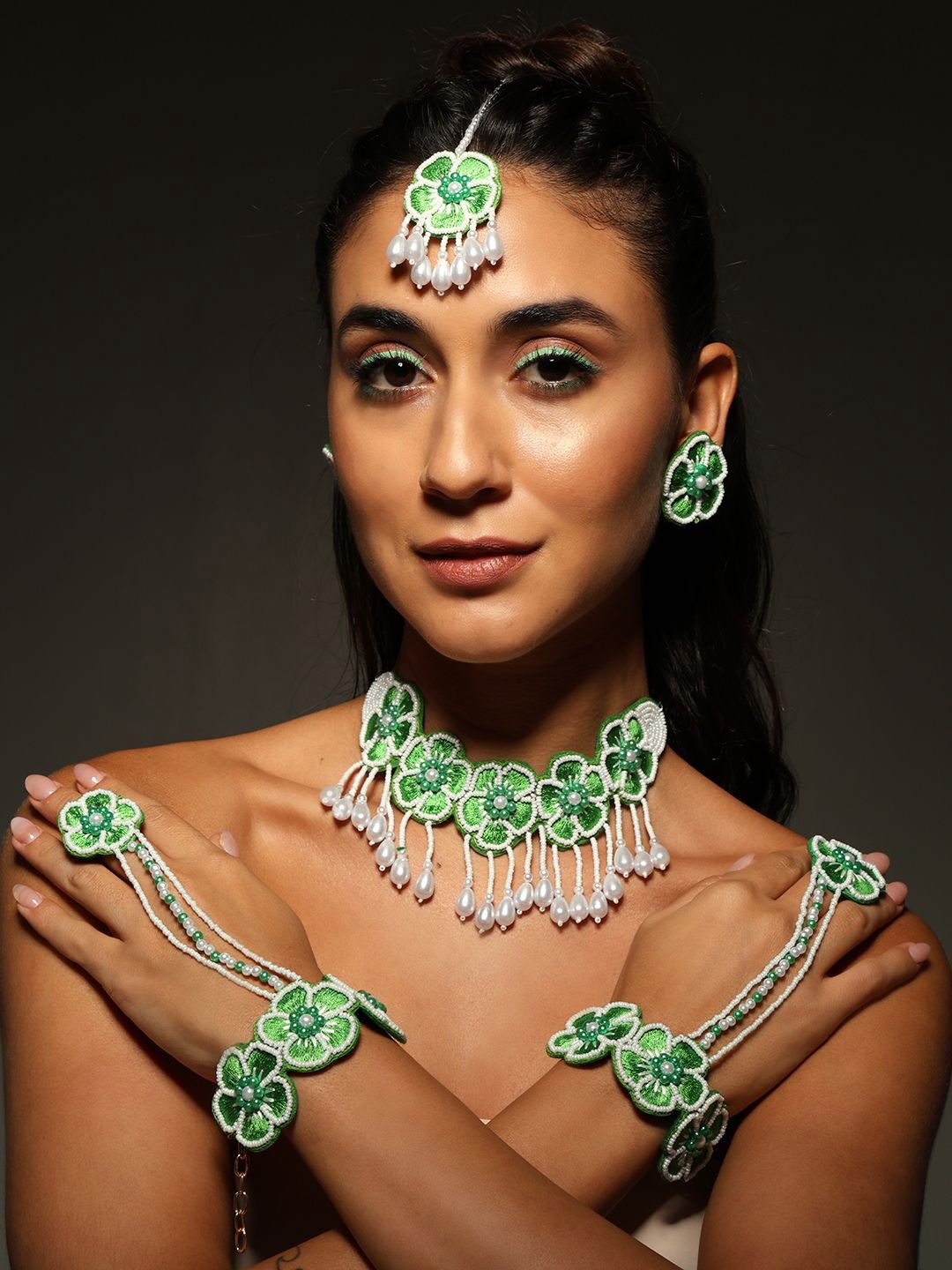 

PATOLA BY VJ Thread Beaded Jewellery Set, Green