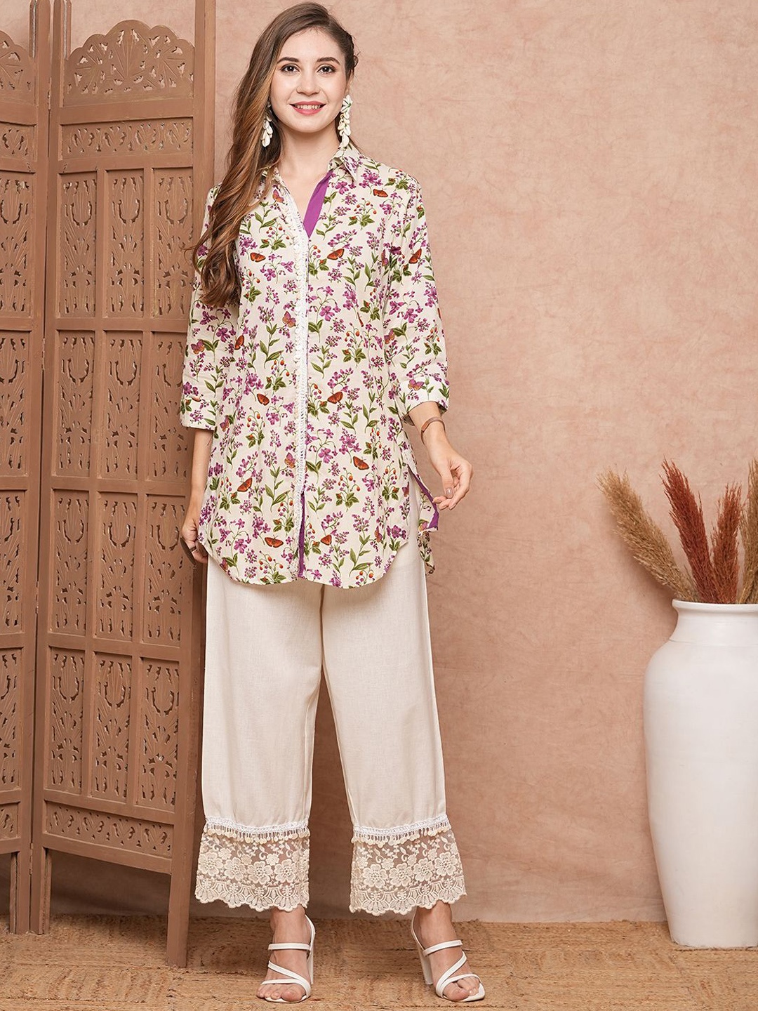 

FASHOR Floral Printed Shirt Collar Three-Quarter Sleeves Pure Cotton Top With Palazzo, Off white