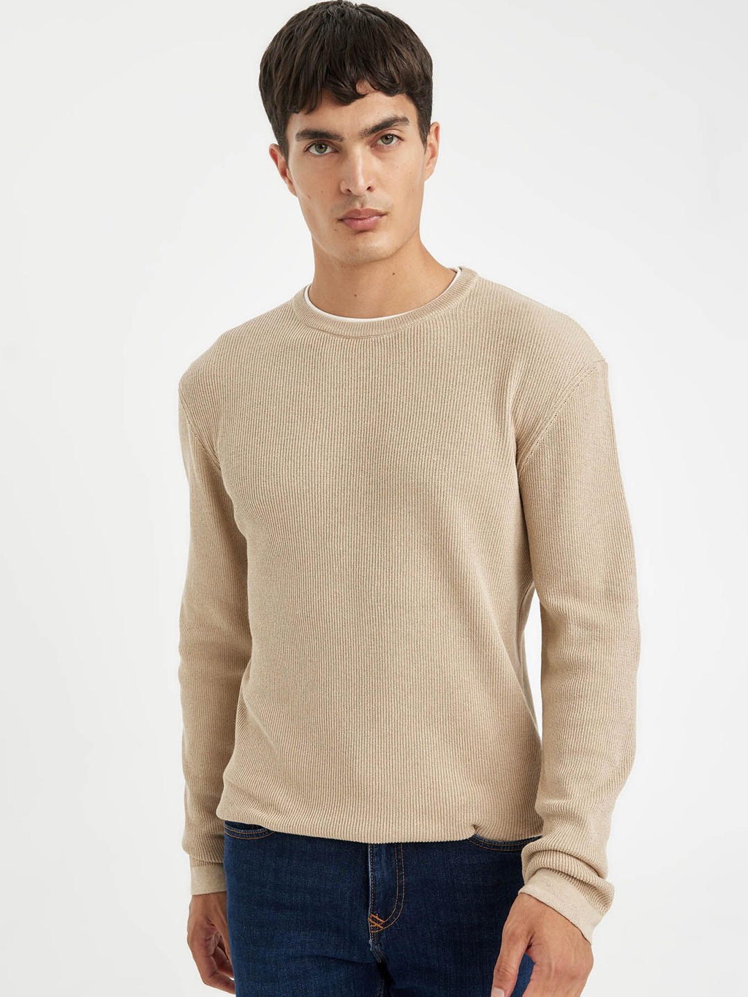 

DeFacto Men Ribbed Pullover Sweaters, Beige