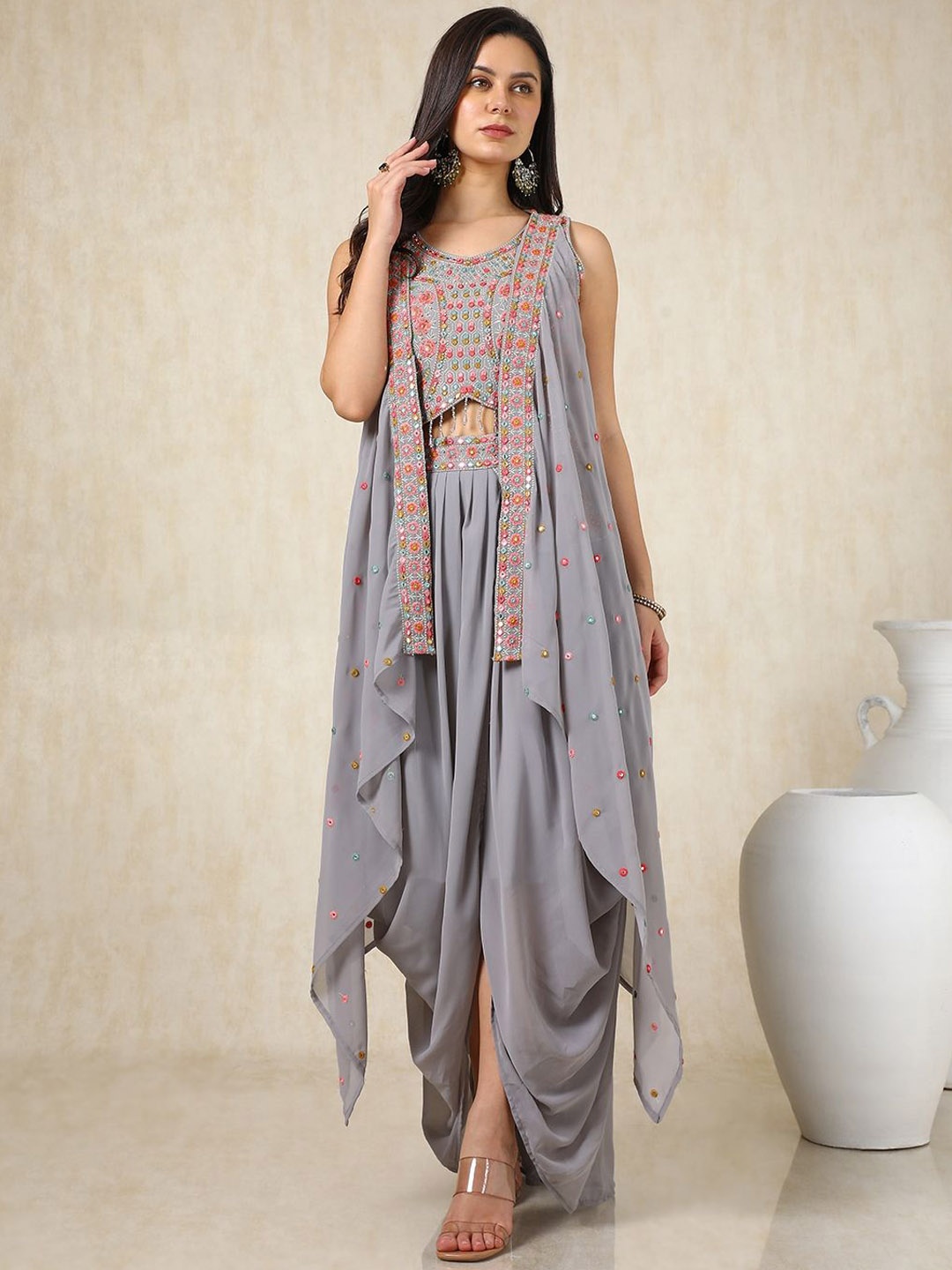 

Soch Embroidered Top & Trousers With Cape, Grey