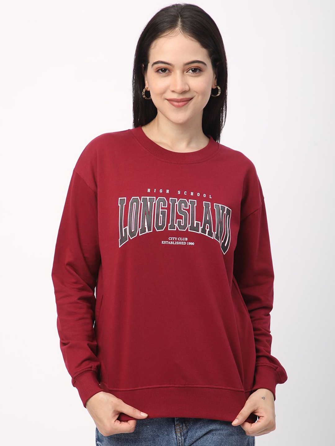 

R&B Women Printed Sweatshirt, Burgundy