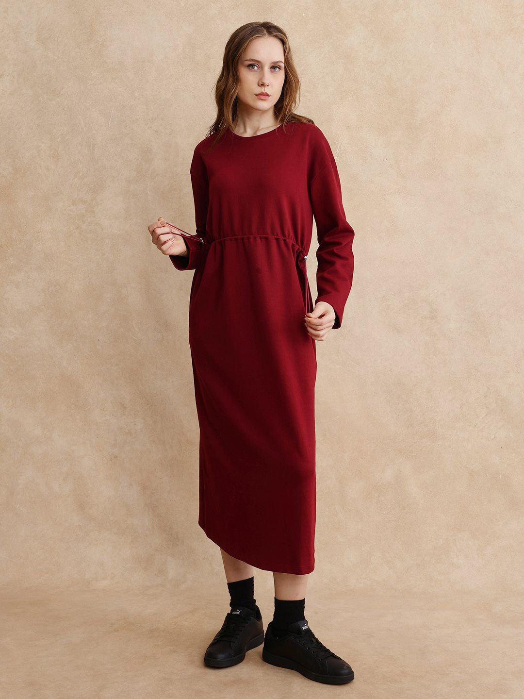 

RAREISM Women Solid A-Line Cotton Midi Dress, Maroon