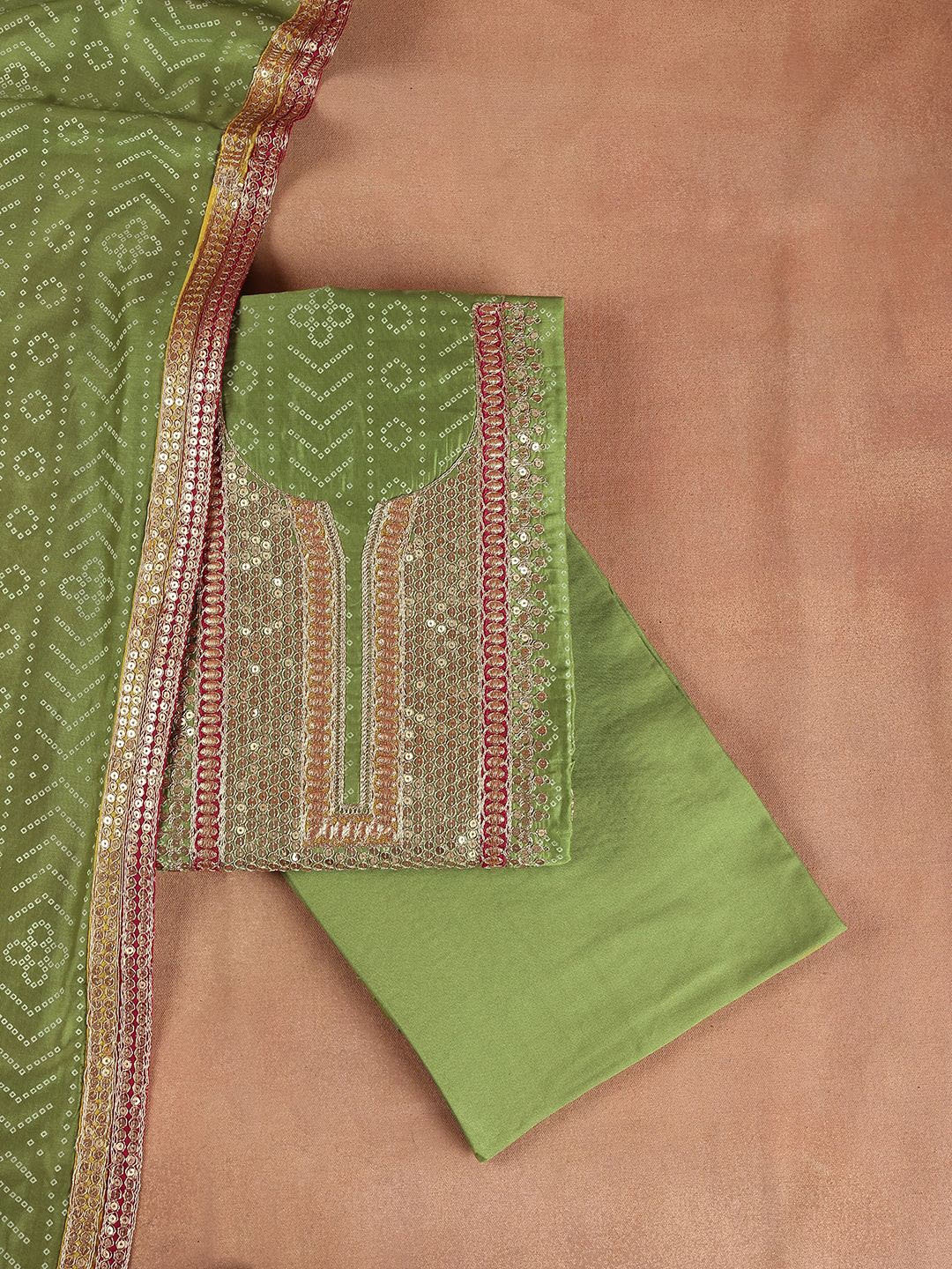 

Libas Green Bandhani Embroidered Sequined Unstitched Dress Material