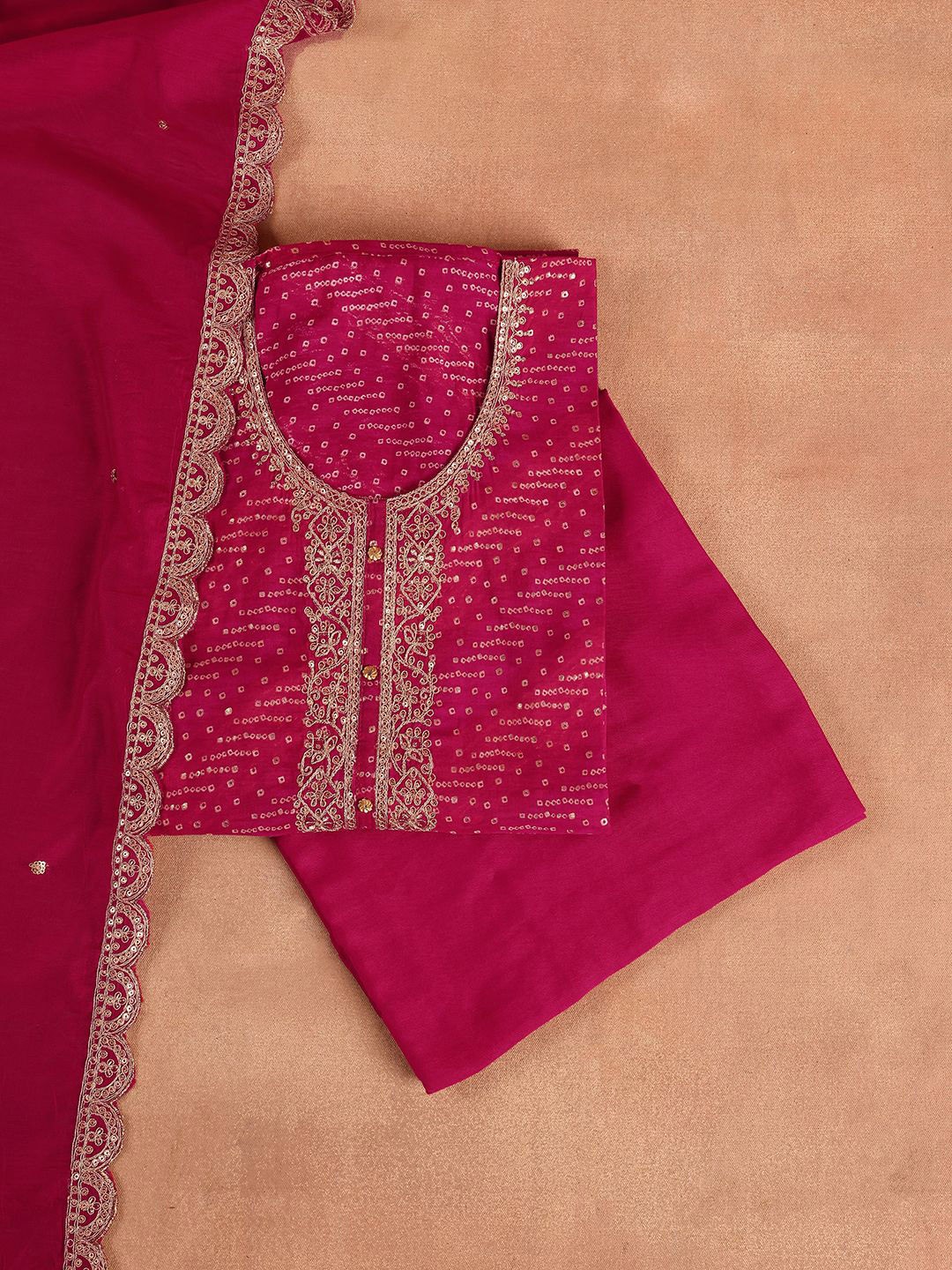 

Libas Bandhani Embroidered Sequinned Unstitched Dress Material, Pink