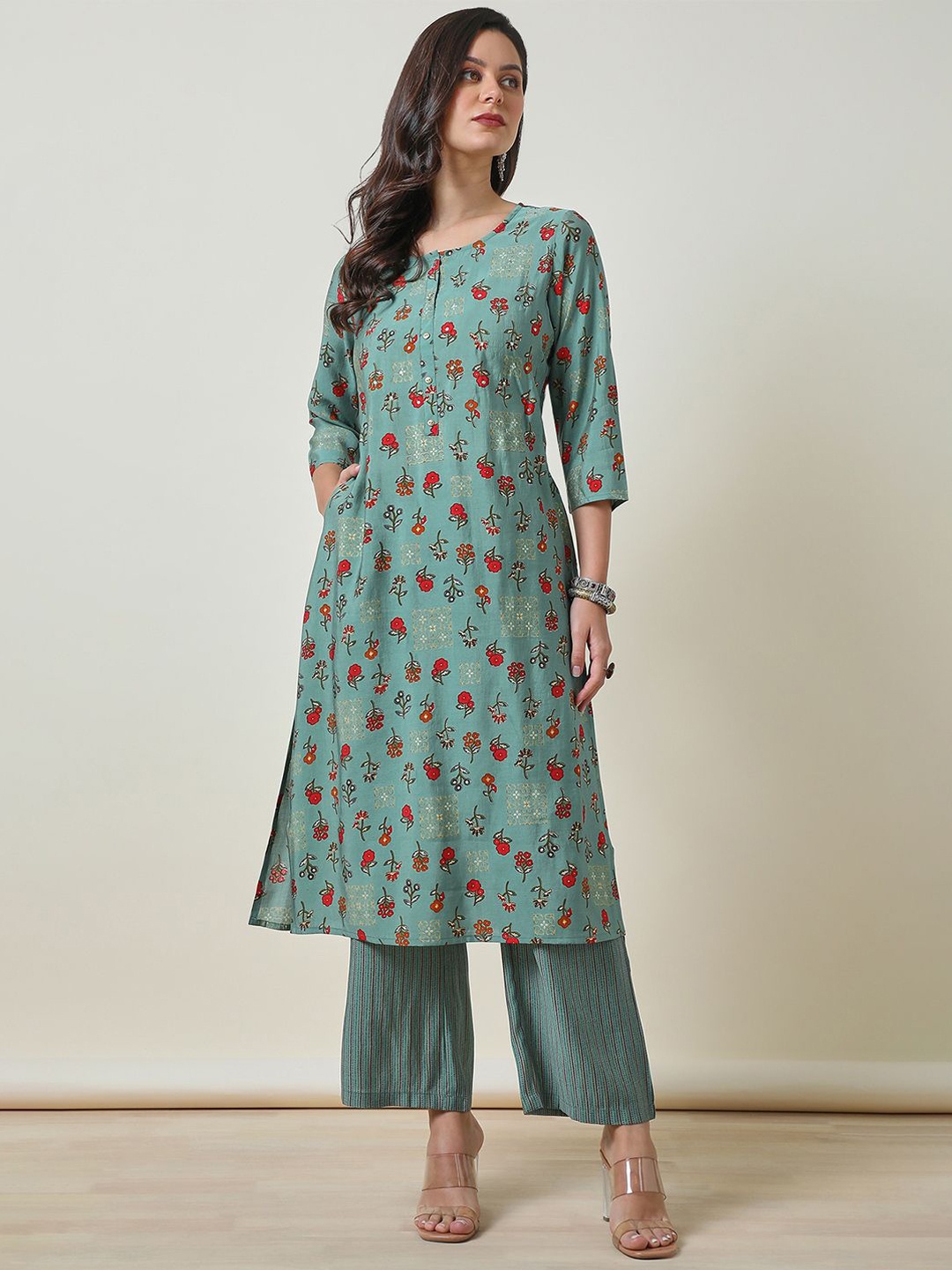 

Soch Floral Printed Straight Kurta with Palazzos, Turquoise blue