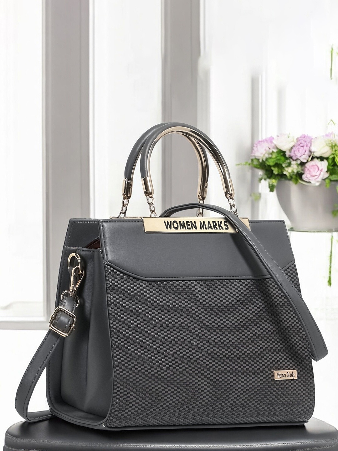 

WOMEN MARKS Textured PU Structured Handheld Bag, Grey melange