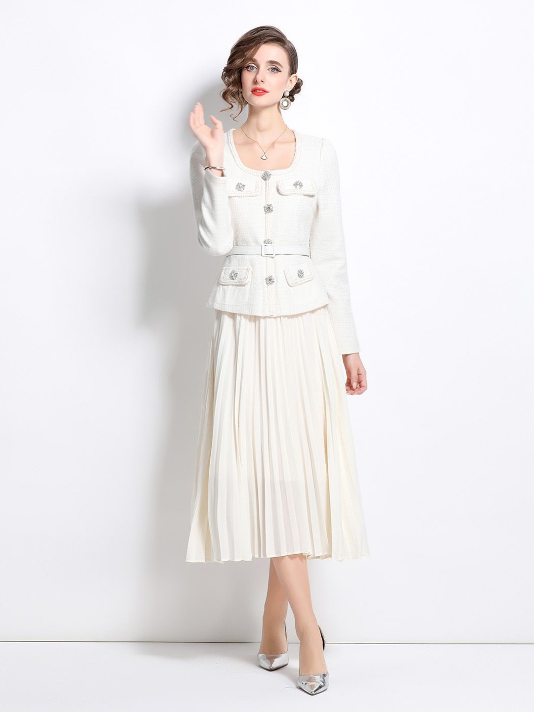 

JC Collection Women Round Neck Fit & Flare Midi Dress, Beige