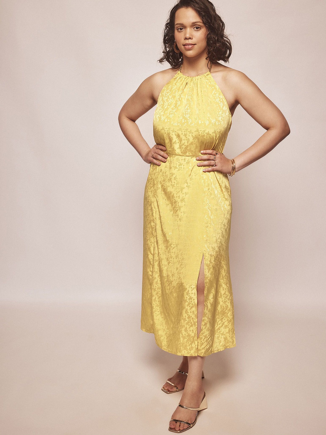 

The Label Life Women Printed Halter Neck Fit & Flare Midi Dress, Yellow