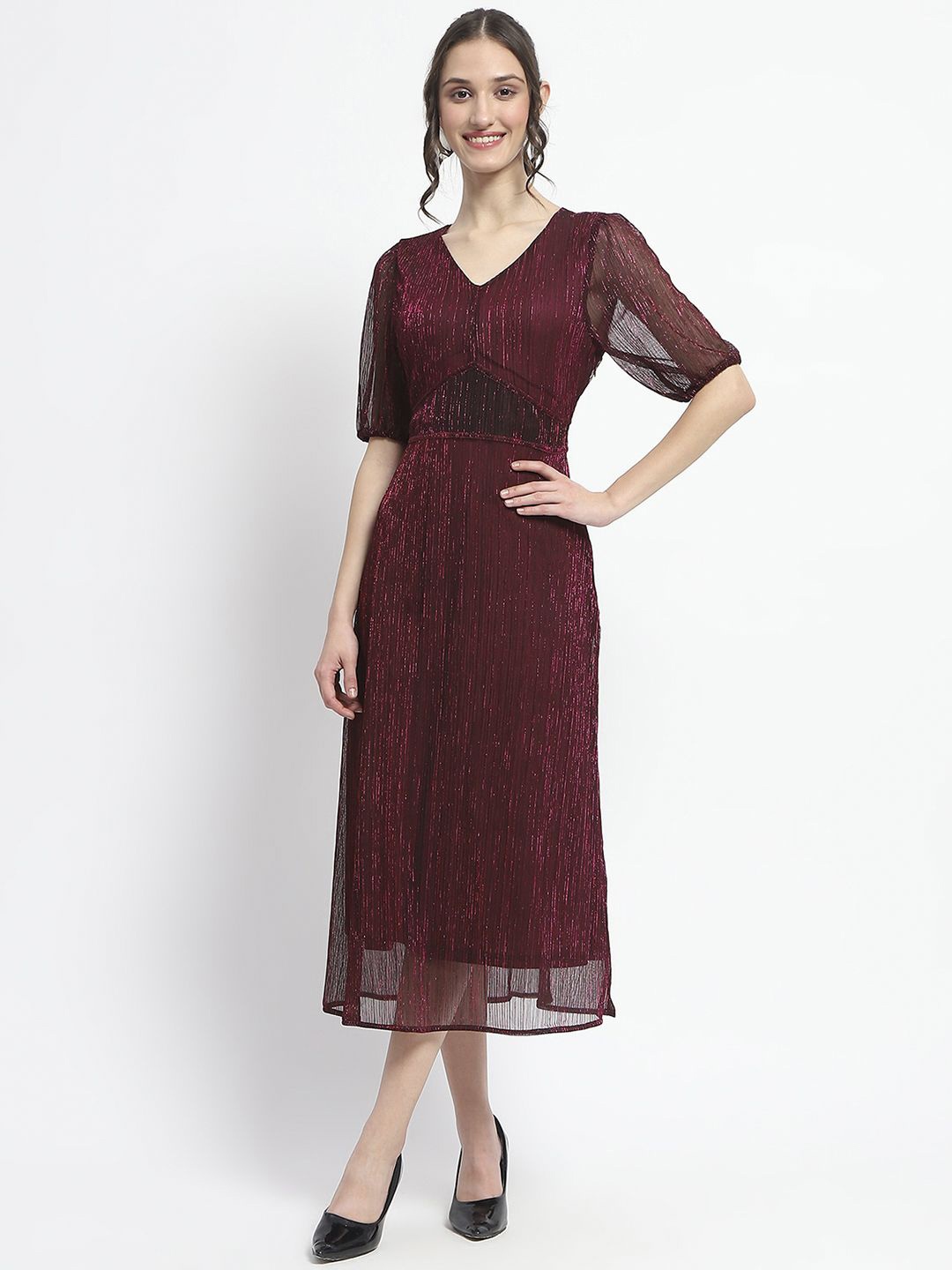 

Madame V-Neck Fit & Flare Midi Dress, Maroon
