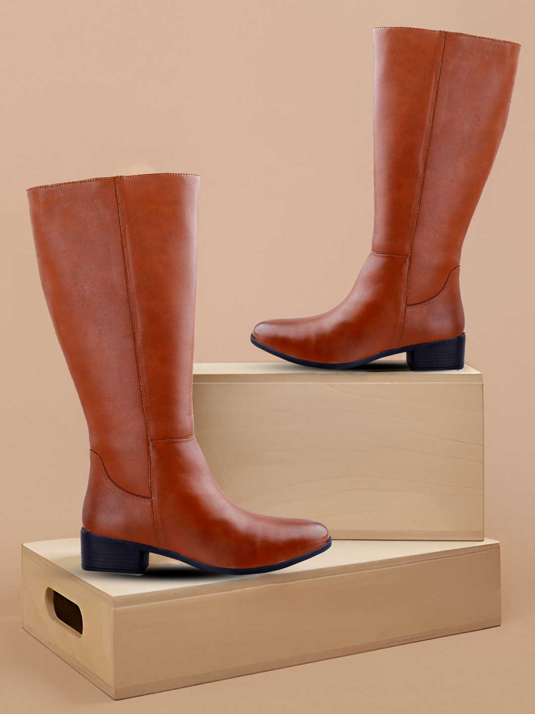 

Bxxy Women High Ankle and Knee Zipper Long Boots, Tan