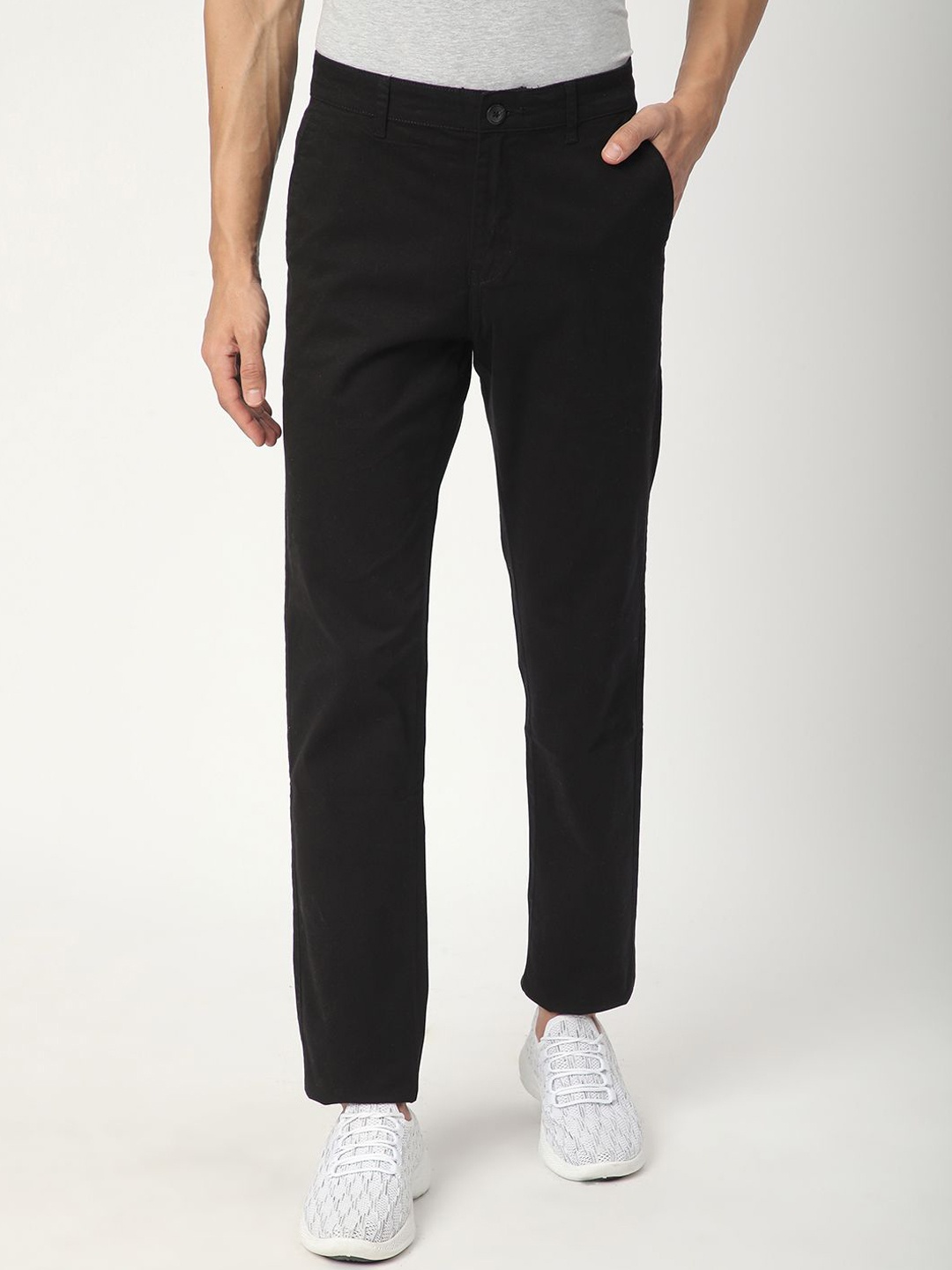 

R&B Men Cotton Mid-Rise Regular Fit Trousers, Black