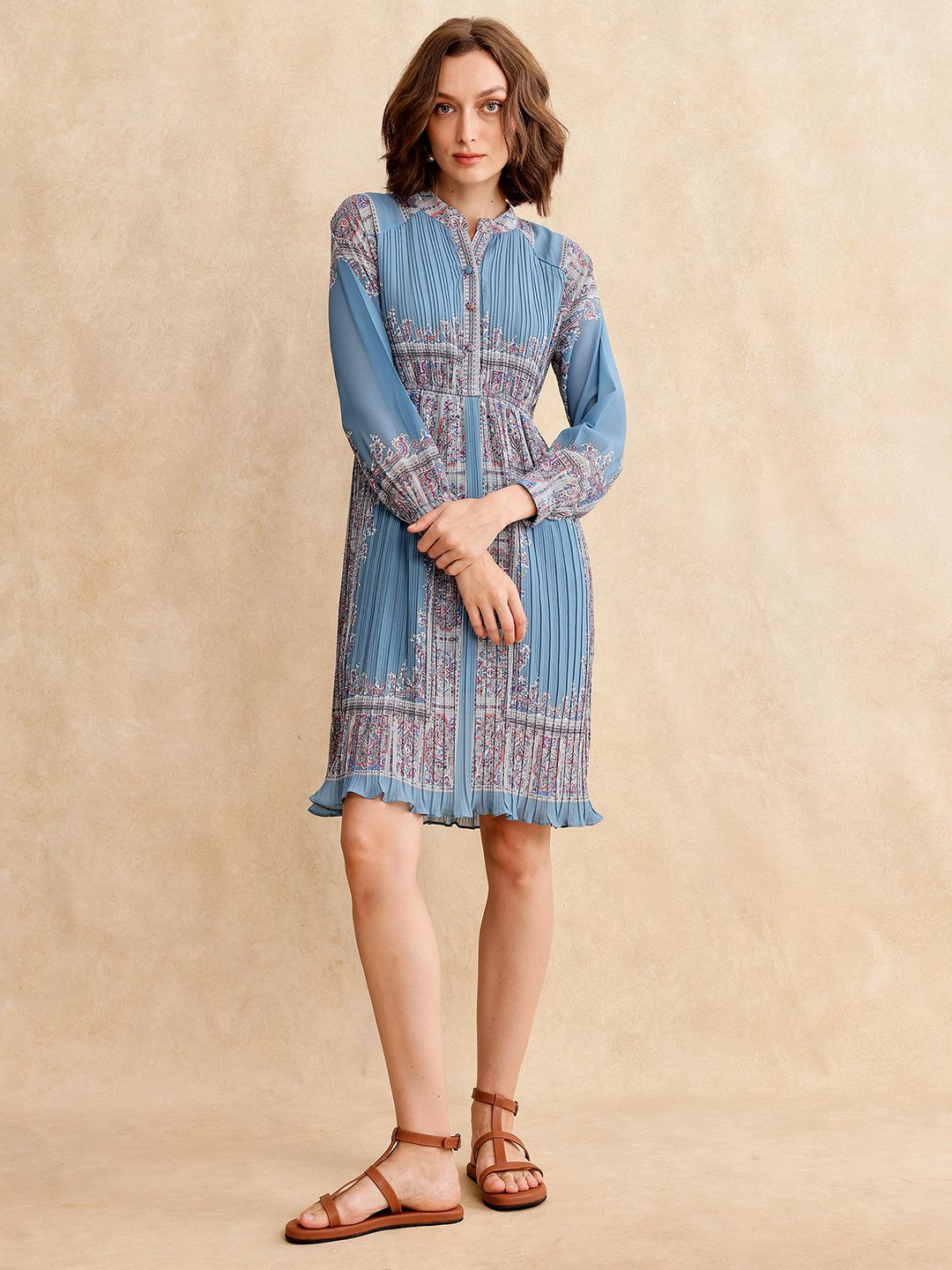 

RAREISM Women Printed Pleated A-Line Dress, Blue