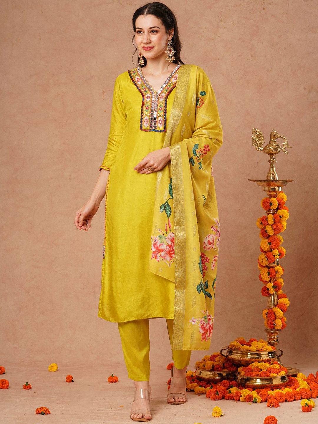 

FASHOR Lime Green Floral Embroidered Mirror Work Straight Kurta With Trousers & Dupatta