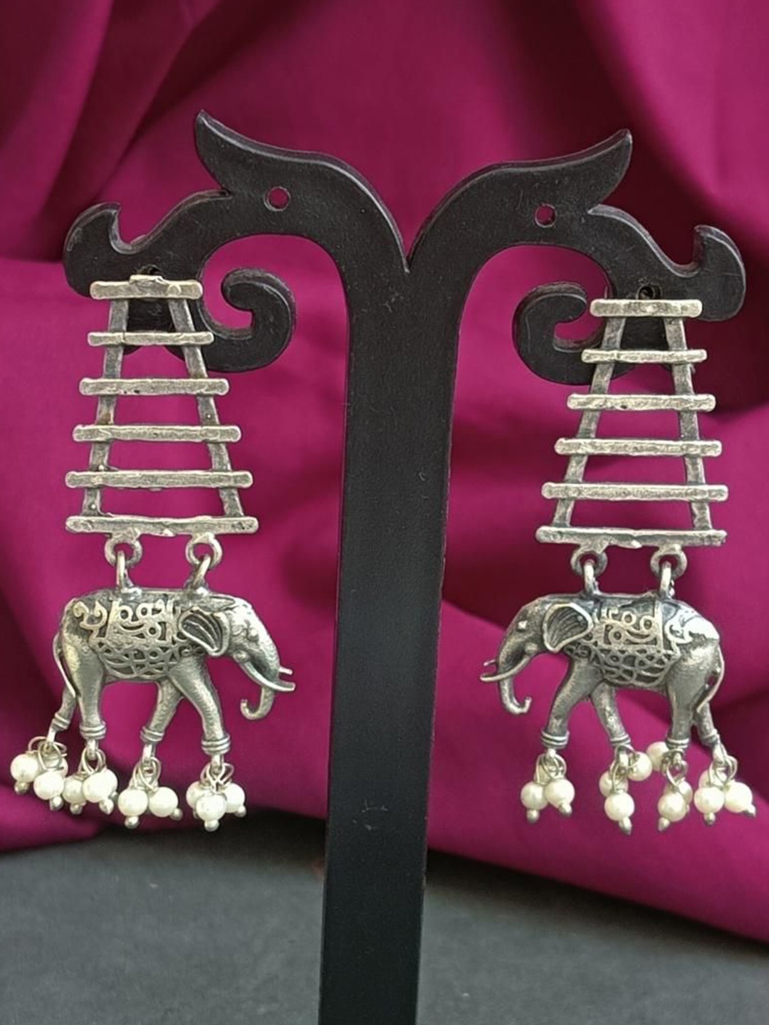 

Efulgenz Silver-Plated Antique Elephant Shaped Beaded Drop Earrings