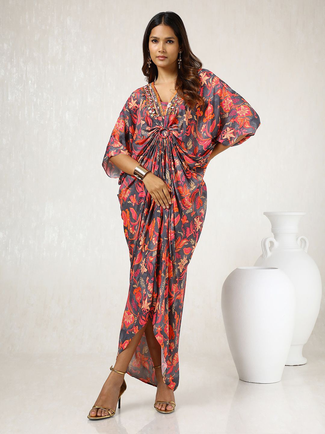 

Soch Women Floral Printed Kaftan Extended Sleeves Maxi Dress, Grey