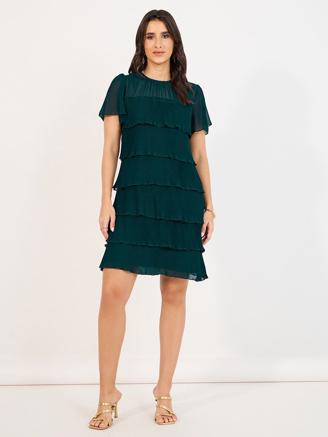 

Styli Women Self Design Boat Neck Sheath Knee Length Layered Dress, Teal
