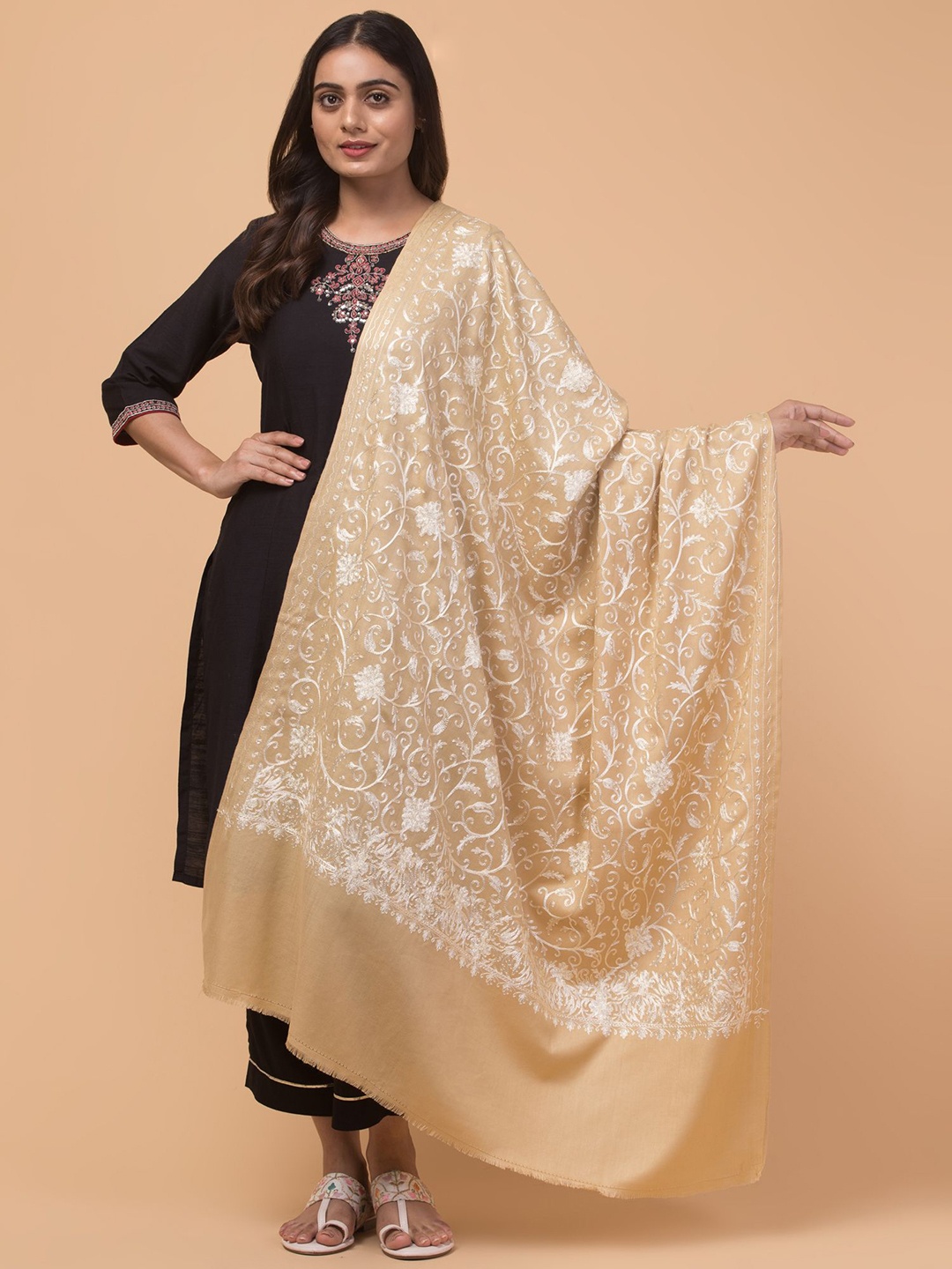 

Tweedle Floral Embroidered Acrylic Shawl, Beige