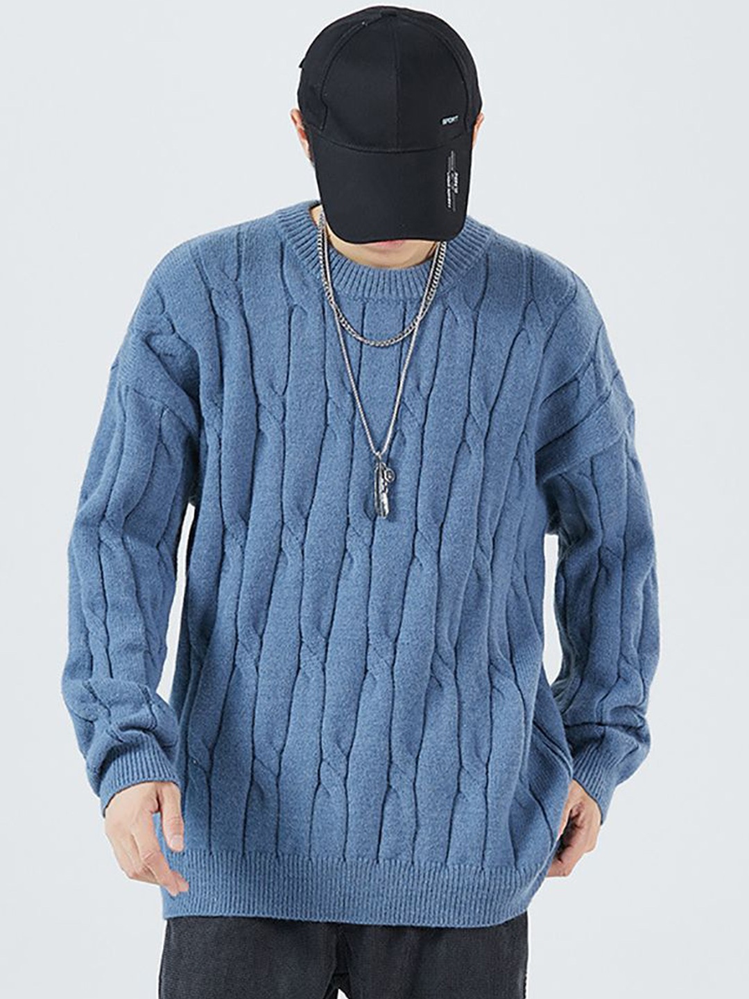 

StyleCast x Revolte Men Cable Knit Longline Pullover, Blue