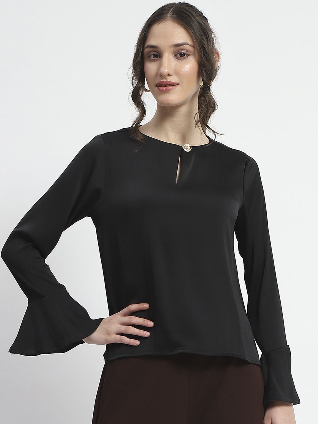 

Madame Women Keyhole Neck Bell Sleeve Top, Black